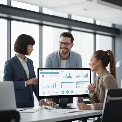 Ultra high-quality, photorealistic image of a diverse business team collaborating around a large monitor displaying SEO performance metrics and growth charts, bright modern office setting, 8K, natural lighting.