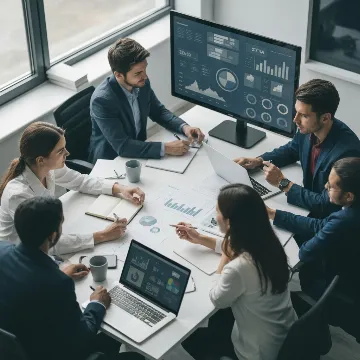 SEO Lords team analyzing data on a large screen during a strategy meeting